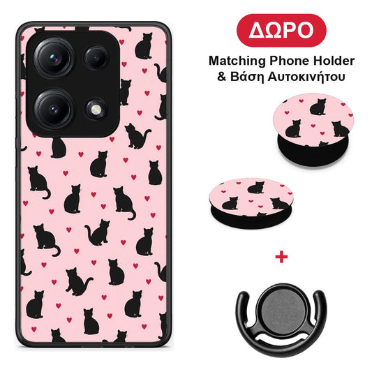 Black Cat Silhouettes and Hearts on Pink - Xiaomi Redmi Note 14S θήκη + Δώρο Phone Holder & Βάση Αυτοκινήτου