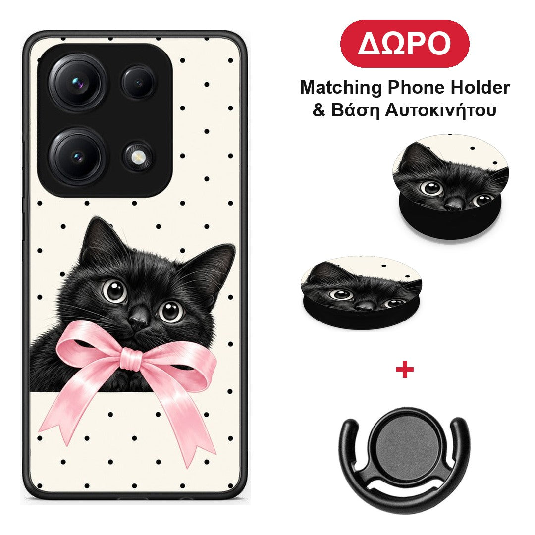 Black Kitten Pink Bow and Polka Dots - Xiaomi Redmi Note 14S θήκη + Δώρο Phone Holder & Βάση Αυτοκινήτου