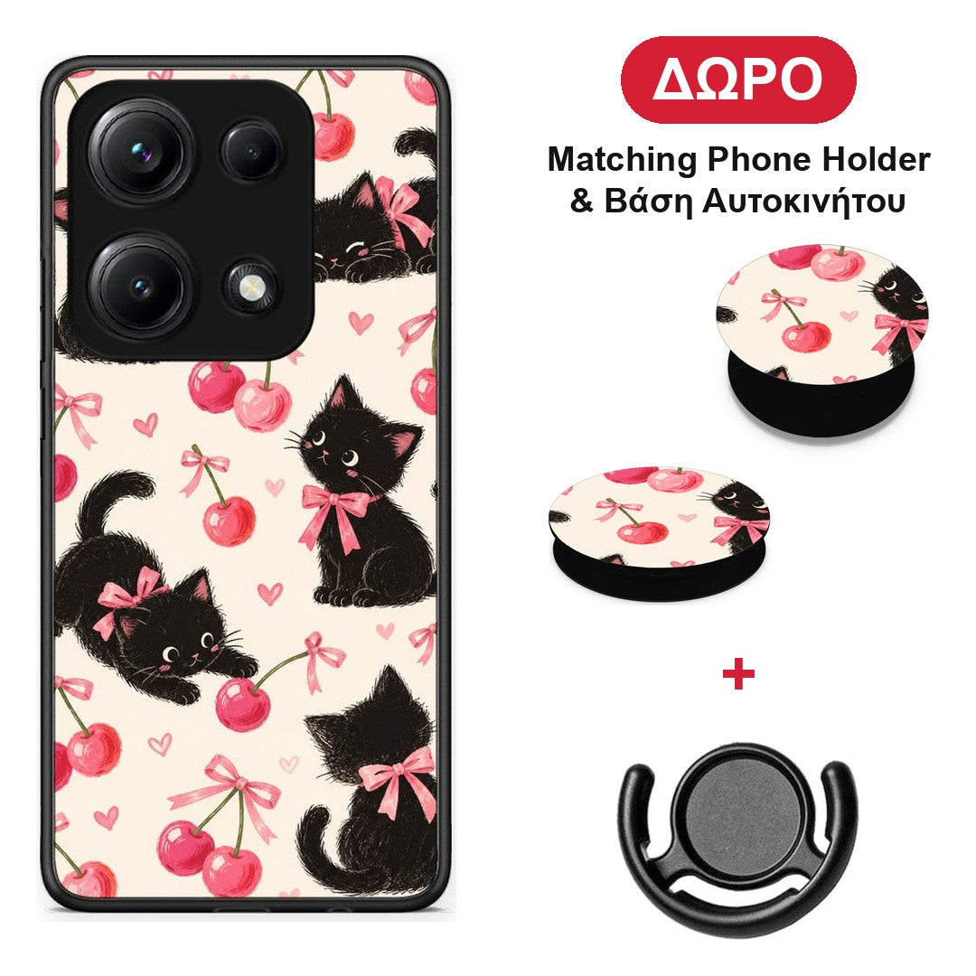 Black Kittens and Cherries on Cream - Xiaomi Redmi Note 14S θήκη + Δώρο Phone Holder & Βάση Αυτοκινήτου