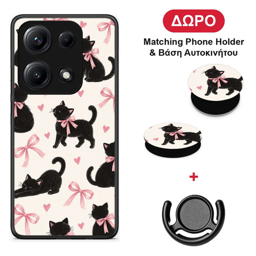 Black Kittens and Pink Bows on Cream Large - Xiaomi Redmi Note 14S θήκη + Δώρο Phone Holder & Βάση Αυτοκινήτου