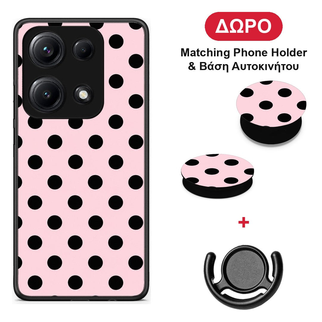 Black Polka Dots on Pink - Xiaomi Redmi Note 14S θήκη + Δώρο Phone Holder & Βάση Αυτοκινήτου