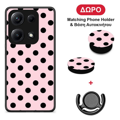 Black Polka Dots on Pink - Xiaomi Redmi Note 14S θήκη + Δώρο Phone Holder & Βάση Αυτοκινήτου