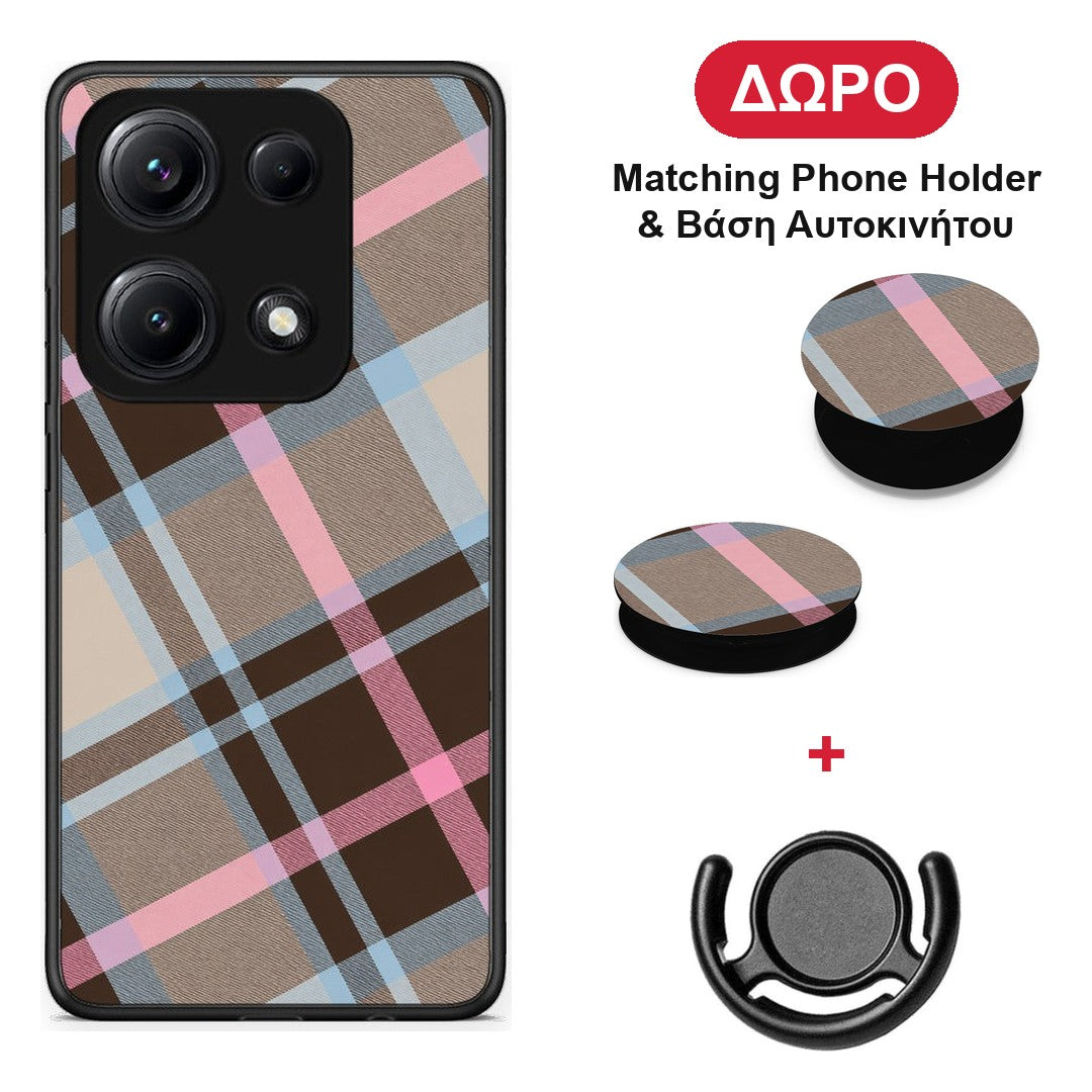 Brown Pink and Blue Diagonal Plaid - Xiaomi Redmi Note 14S θήκη + Δώρο Phone Holder & Βάση Αυτοκινήτου