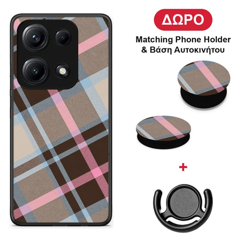 Brown Pink and Blue Diagonal Plaid - Xiaomi Redmi Note 14S θήκη + Δώρο Phone Holder & Βάση Αυτοκινήτου