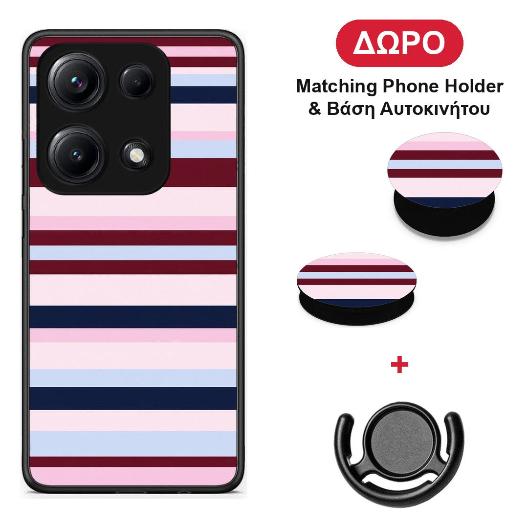 Burgundy Pink and Blue Horizontal Stripes - Xiaomi Redmi Note 14S θήκη + Δώρο Phone Holder & Βάση Αυτοκινήτου