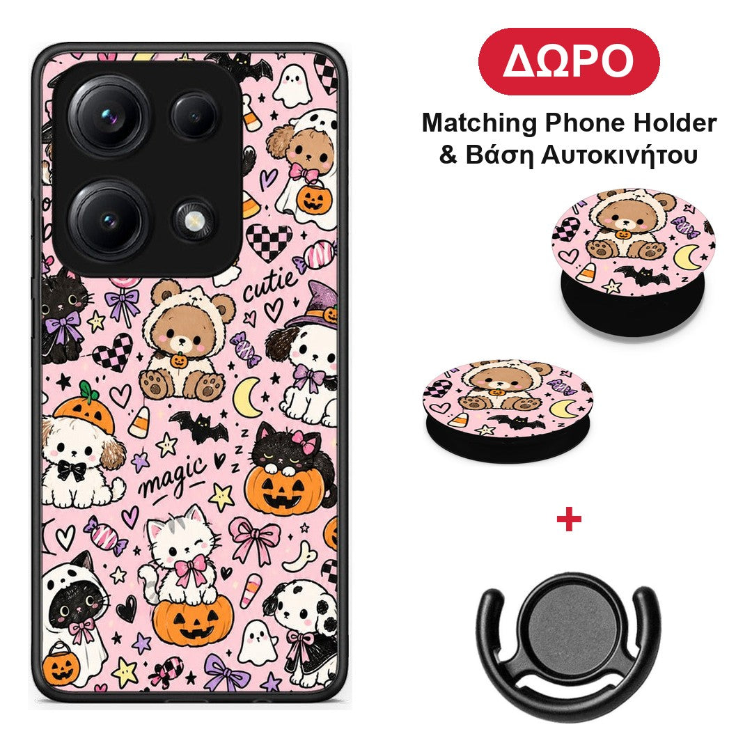 Halloween Cute Animals on Pink - Xiaomi Redmi Note 14S θήκη + Δώρο Phone Holder & Βάση Αυτοκινήτου