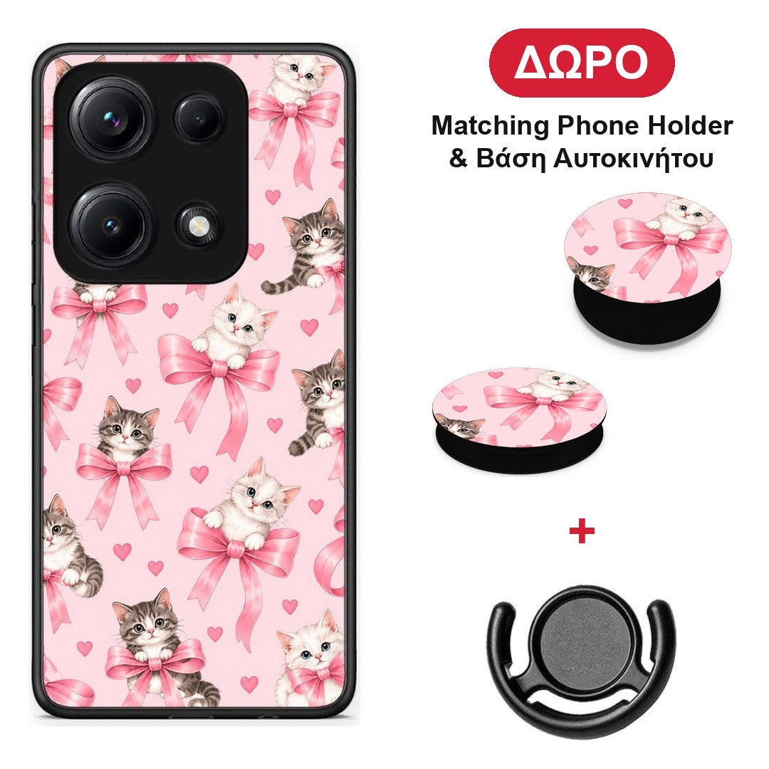 Kittens and Pink Bows on Pink - Xiaomi Redmi Note 14S θήκη + Δώρο Phone Holder & Βάση Αυτοκινήτου