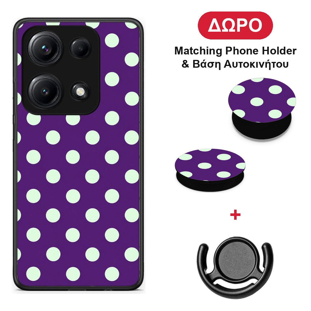 Mint Polka Dots on Purple - Xiaomi Redmi Note 14S θήκη + Δώρο Phone Holder & Βάση Αυτοκινήτου