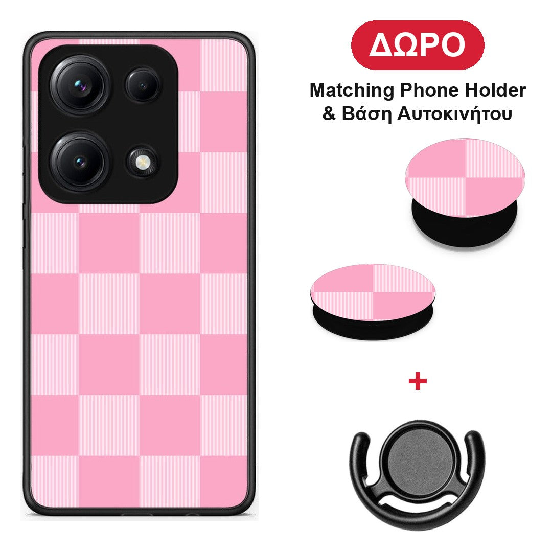 Pink and White Striped Checks - Xiaomi Redmi Note 14S θήκη + Δώρο Phone Holder & Βάση Αυτοκινήτου