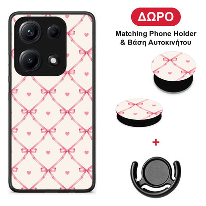 Pink Bow Lattice and Hearts on Cream - Xiaomi Redmi Note 14S θήκη + Δώρο Phone Holder & Βάση Αυτοκινήτου