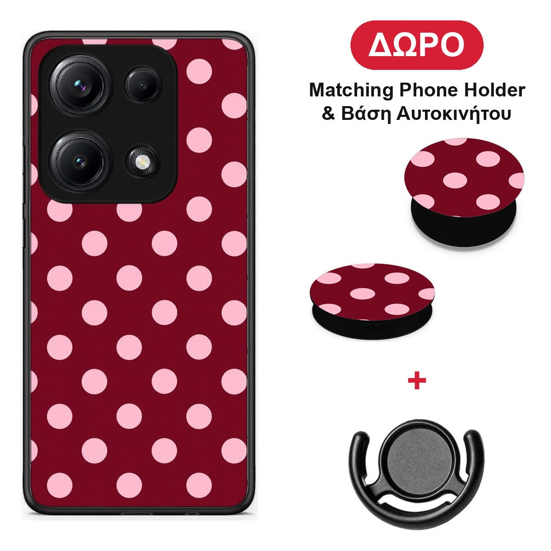 Pink Polka Dots on Burgundy - Xiaomi Redmi Note 14S θήκη + Δώρο Phone Holder & Βάση Αυτοκινήτου