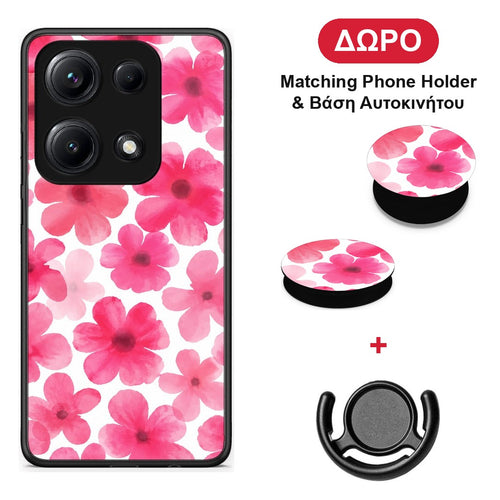 Pink Watercolour Flowers on White - Xiaomi Redmi Note 14S θήκη + Δώρο Phone Holder & Βάση Αυτοκινήτου