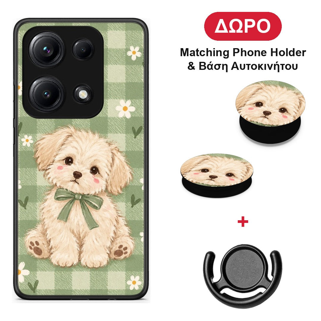 Puppy and Daisies on Sage Gingham - Xiaomi Redmi Note 14S θήκη + Δώρο Phone Holder & Βάση Αυτοκινήτου