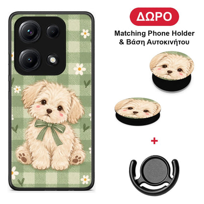 Puppy and Daisies on Sage Gingham - Xiaomi Redmi Note 14S θήκη + Δώρο Phone Holder & Βάση Αυτοκινήτου