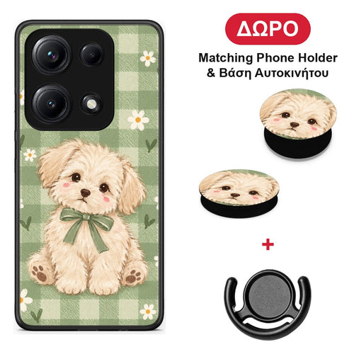Puppy and Daisies on Sage Gingham - Xiaomi Redmi Note 14S θήκη + Δώρο Phone Holder & Βάση Αυτοκινήτου