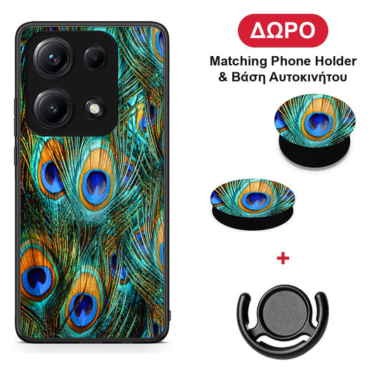 Real Peacock Feathers - Xiaomi Redmi Note 14S θήκη + Δώρο Phone Holder & Βάση Αυτοκινήτου