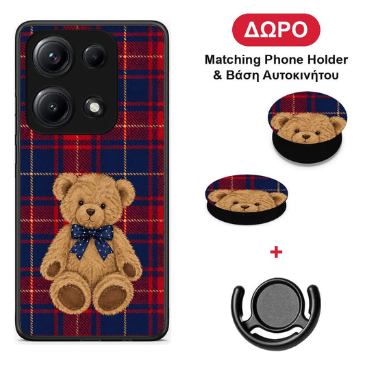 Teddy Bear on Red and Navy Tartan - Xiaomi Redmi Note 14S θήκη + Δώρο Phone Holder & Βάση Αυτοκινήτου