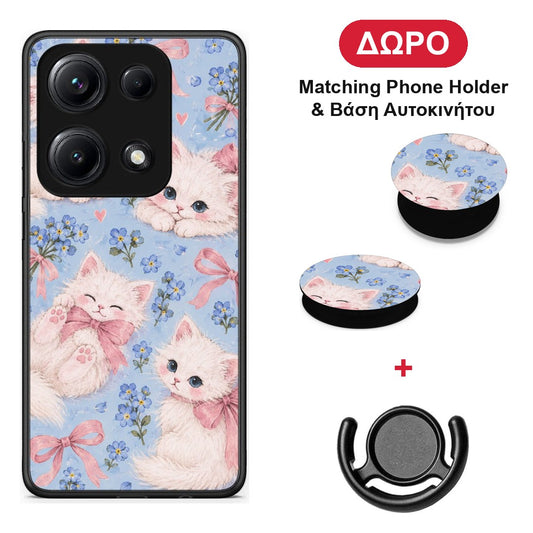 White Kittens and Blue Flowers Large - Xiaomi Redmi Note 14S θήκη + Δώρο Phone Holder & Βάση Αυτοκινήτου