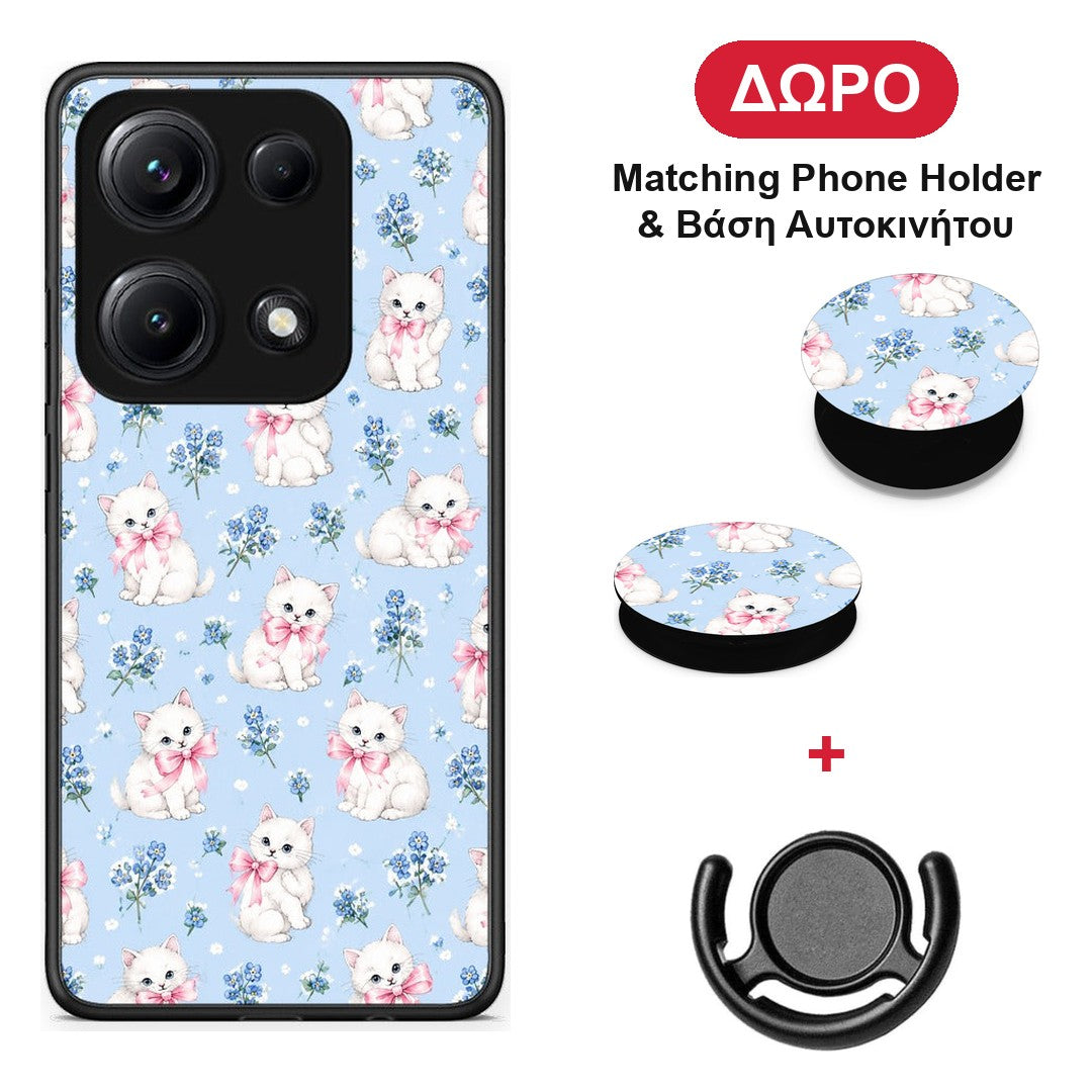 White Kittens and Blue Flowers Small - Xiaomi Redmi Note 14S θήκη + Δώρο Phone Holder & Βάση Αυτοκινήτου