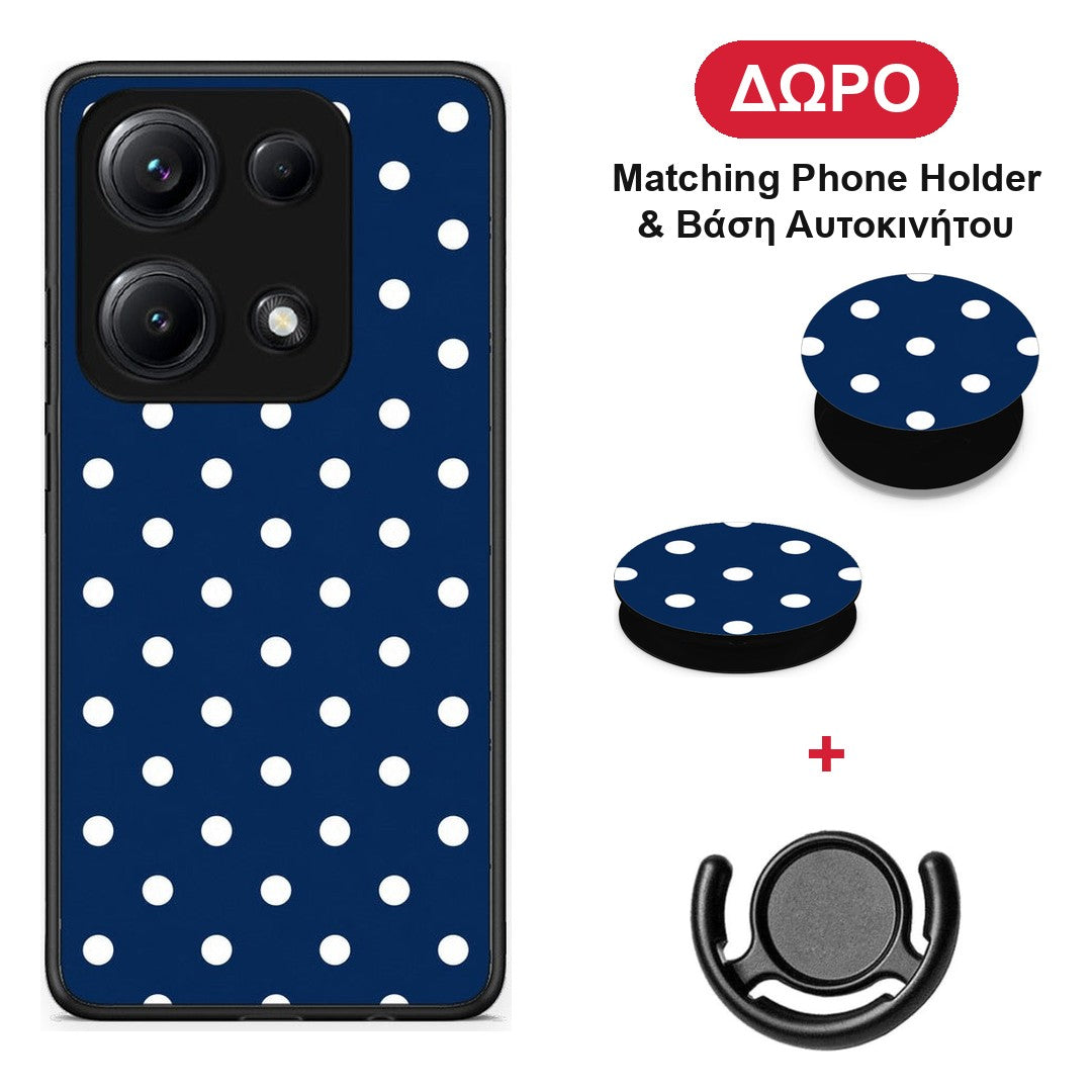 White Small Polka Dots on Navy - Xiaomi Redmi Note 14S θήκη + Δώρο Phone Holder & Βάση Αυτοκινήτου