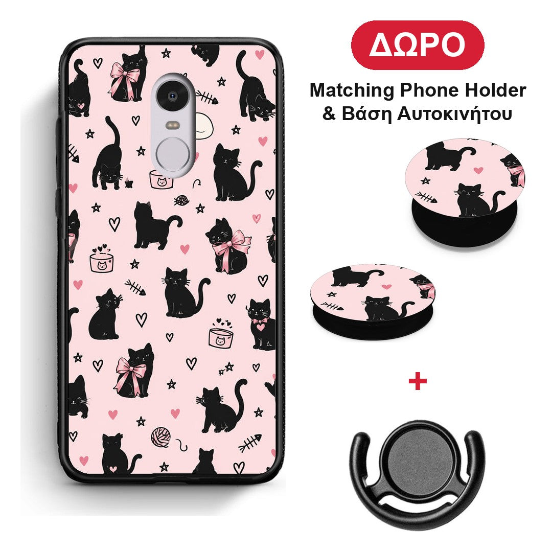 Black Cat Doodles on Pink - Xiaomi Redmi Note 4 / 4X θήκη + Δώρο Phone Holder & Βάση Αυτοκινήτου