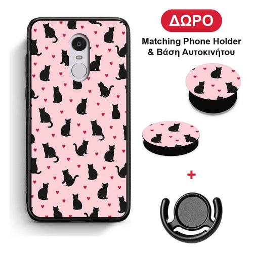 Black Cat Silhouettes and Hearts on Pink - Xiaomi Redmi Note 4 / 4X θήκη + Δώρο Phone Holder & Βάση Αυτοκινήτου