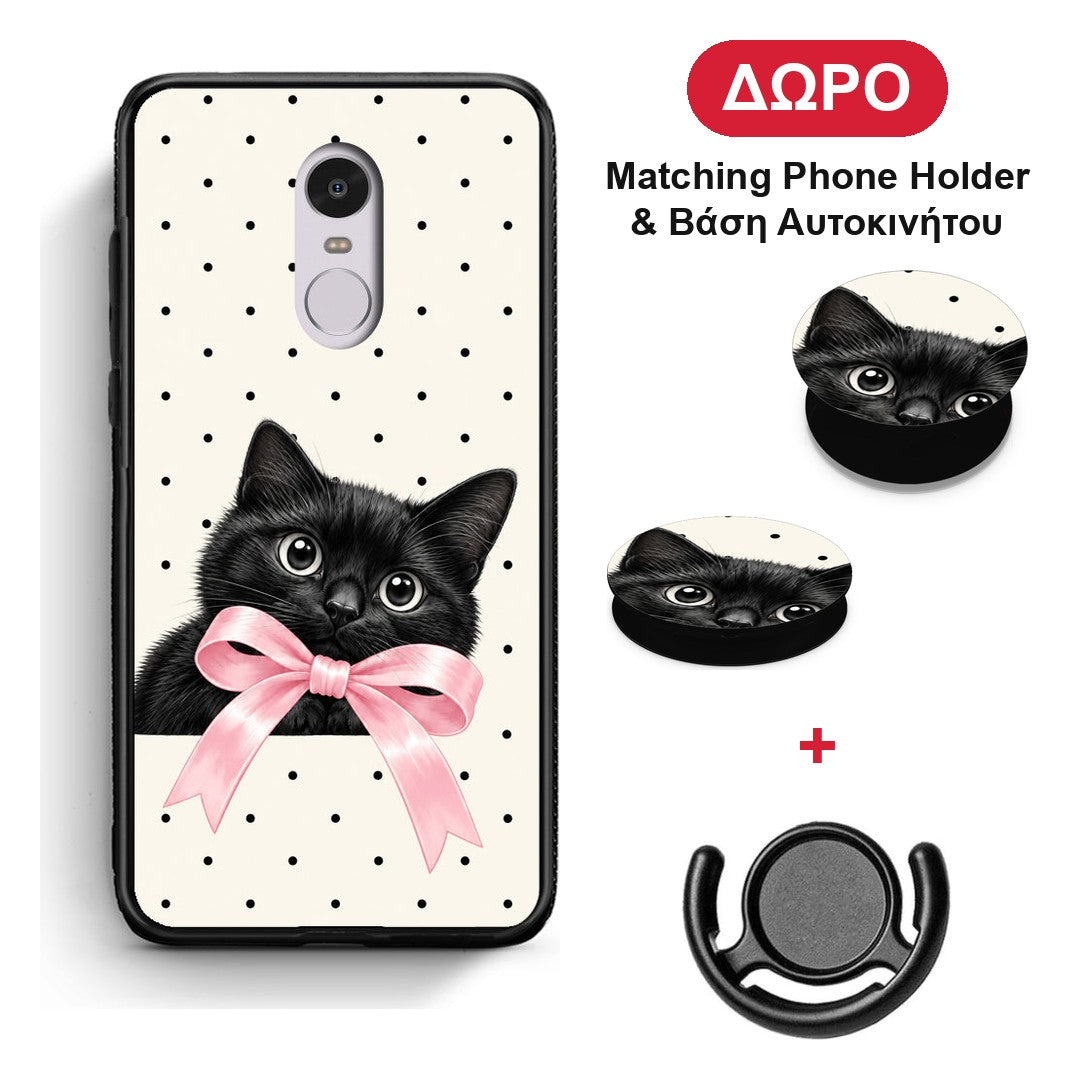 Black Kitten Pink Bow and Polka Dots - Xiaomi Redmi Note 4 / 4X θήκη + Δώρο Phone Holder & Βάση Αυτοκινήτου