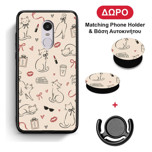 Minimal Cat and Fashion Doodles on Cream - Xiaomi Redmi Note 4 / 4X θήκη + Δώρο Phone Holder & Βάση Αυτοκινήτου