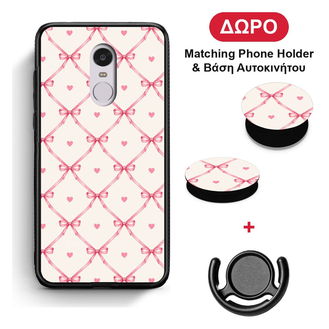 Pink Bow Lattice and Hearts on Cream - Xiaomi Redmi Note 4 / 4X θήκη + Δώρο Phone Holder & Βάση Αυτοκινήτου