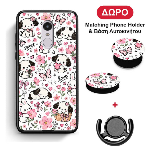 Pink Florals Puppies and Bunnies on White - Xiaomi Redmi Note 4 / 4X θήκη + Δώρο Phone Holder & Βάση Αυτοκινήτου