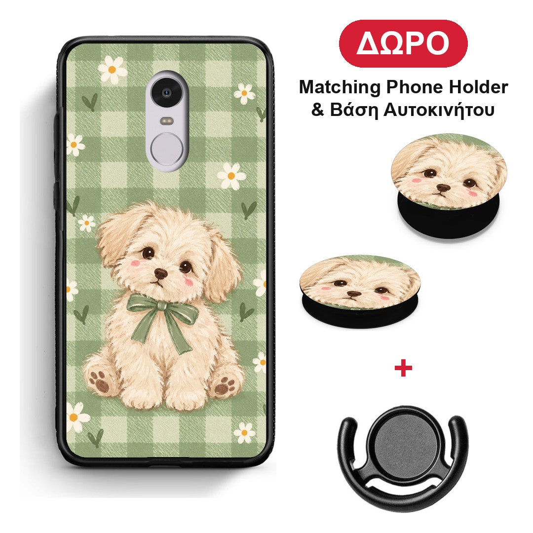 Puppy and Daisies on Sage Gingham - Xiaomi Redmi Note 4 / 4X θήκη + Δώρο Phone Holder & Βάση Αυτοκινήτου