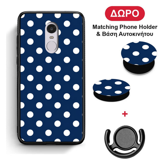White Large Polka Dots on Navy - Xiaomi Redmi Note 4 / 4X θήκη + Δώρο Phone Holder & Βάση Αυτοκινήτου