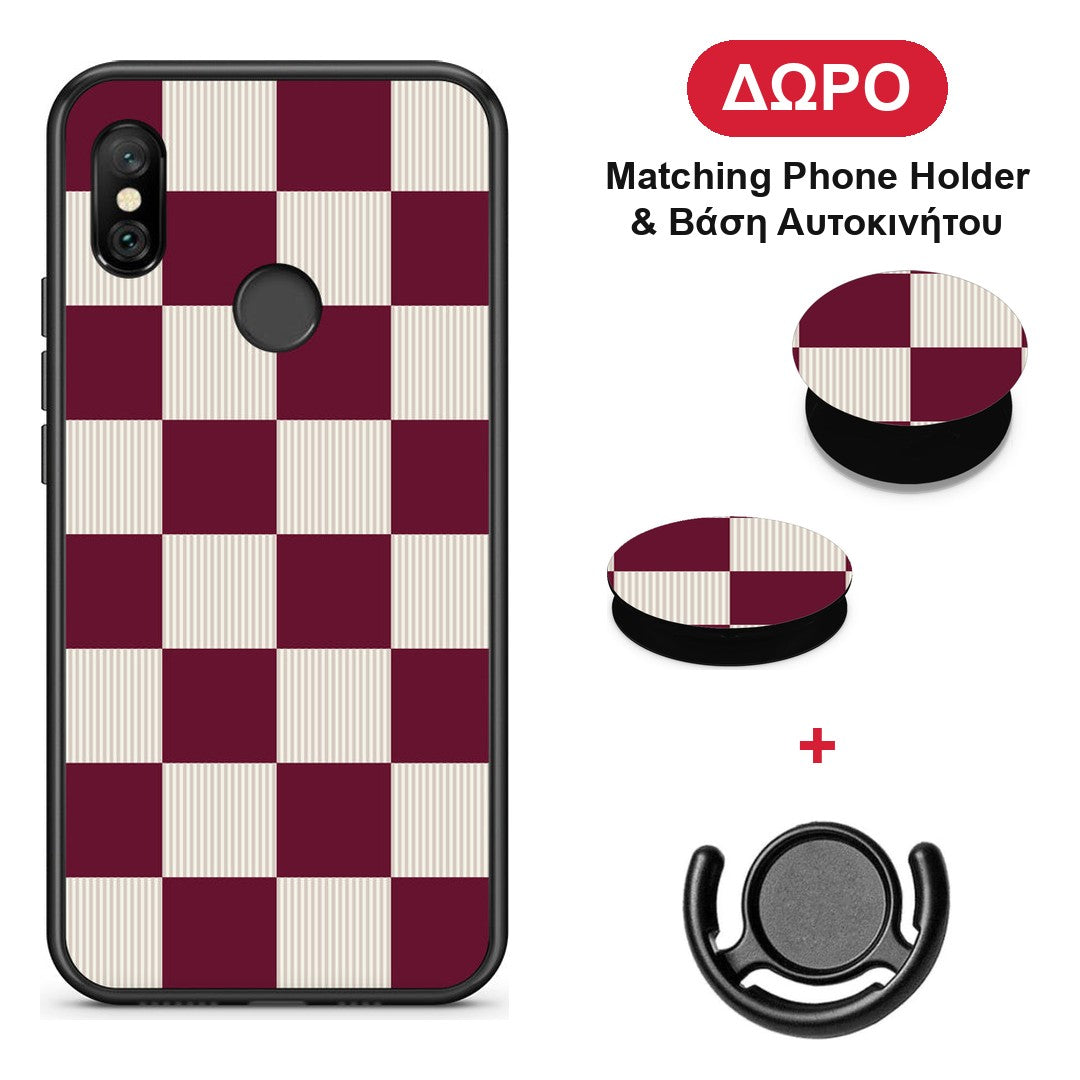Burgundy and Cream Striped Checks - Xiaomi Redmi Note 6 Pro θήκη + Δώρο Phone Holder & Βάση Αυτοκινήτου