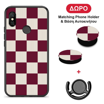 Burgundy and Cream Striped Checks - Xiaomi Redmi Note 6 Pro θήκη + Δώρο Phone Holder & Βάση Αυτοκινήτου