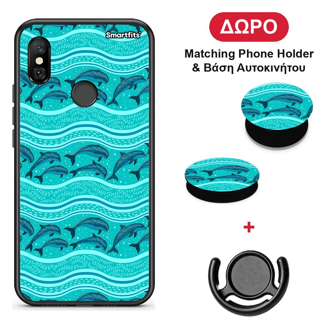 Swimming Dolphins - Xiaomi Redmi Note 6 Pro θήκη + Δώρο Phone Holder & Βάση Αυτοκινήτου