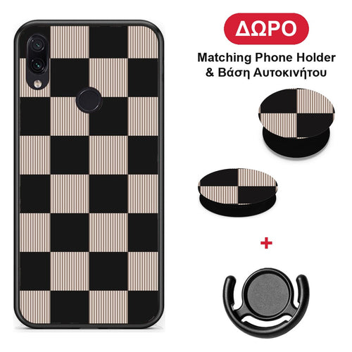 Black and Taupe Striped Checks - Xiaomi Redmi Note 7 θήκη + Δώρο Phone Holder & Βάση Αυτοκινήτου