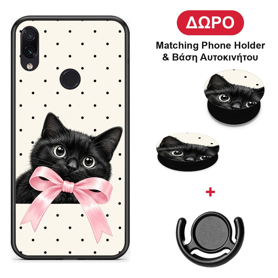 Black Kitten Pink Bow and Polka Dots - Xiaomi Redmi Note 7 θήκη + Δώρο Phone Holder & Βάση Αυτοκινήτου
