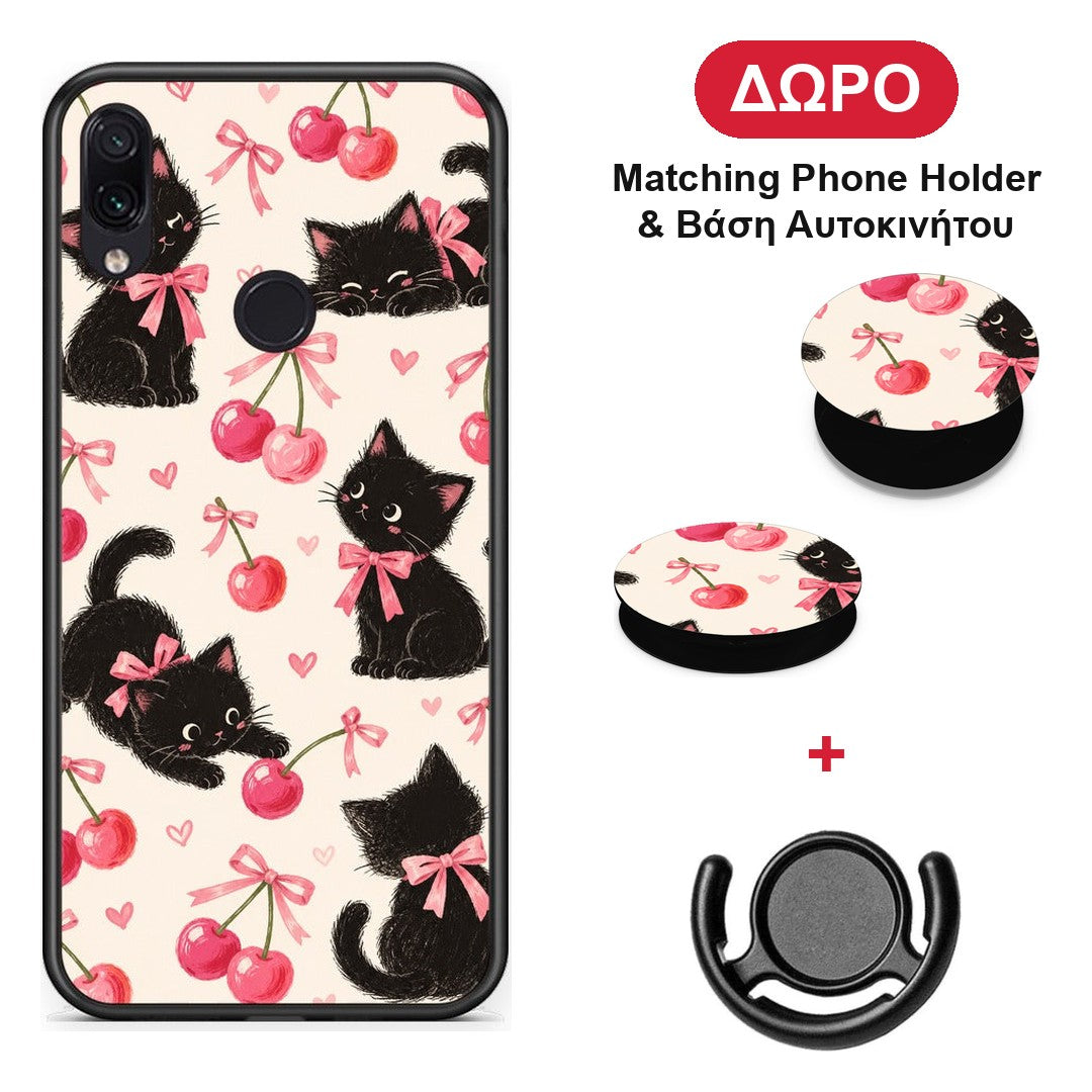 Black Kittens and Cherries on Cream - Xiaomi Redmi Note 7 θήκη + Δώρο Phone Holder & Βάση Αυτοκινήτου
