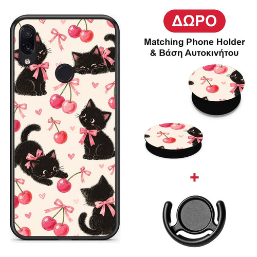 Black Kittens and Cherries on Cream - Xiaomi Redmi Note 7 θήκη + Δώρο Phone Holder & Βάση Αυτοκινήτου