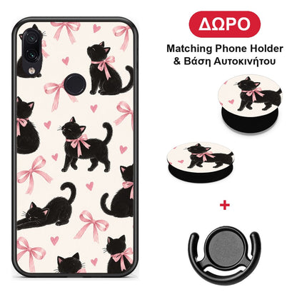 Black Kittens and Pink Bows on Cream Large - Xiaomi Redmi Note 7 θήκη + Δώρο Phone Holder & Βάση Αυτοκινήτου