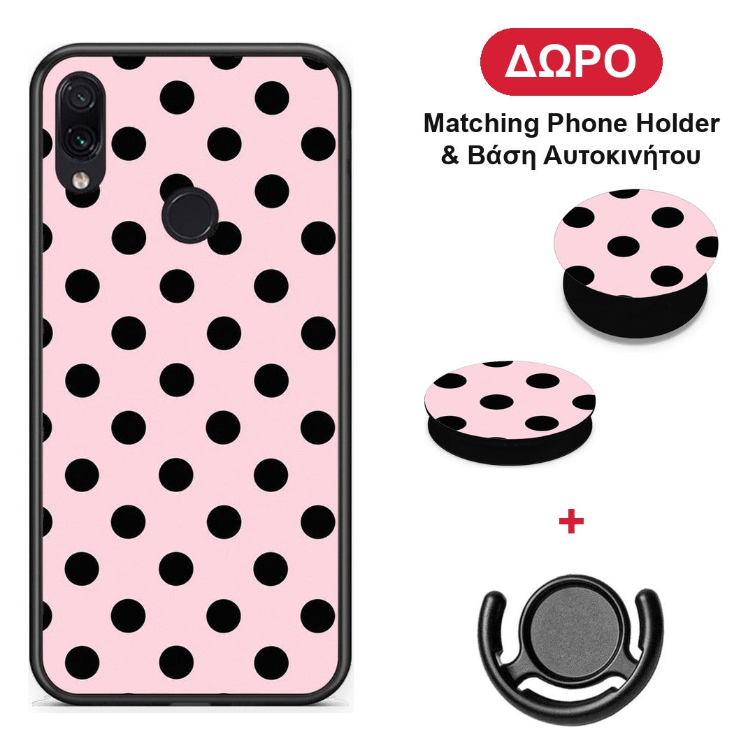 Black Polka Dots on Pink - Xiaomi Redmi Note 7 θήκη + Δώρο Phone Holder & Βάση Αυτοκινήτου
