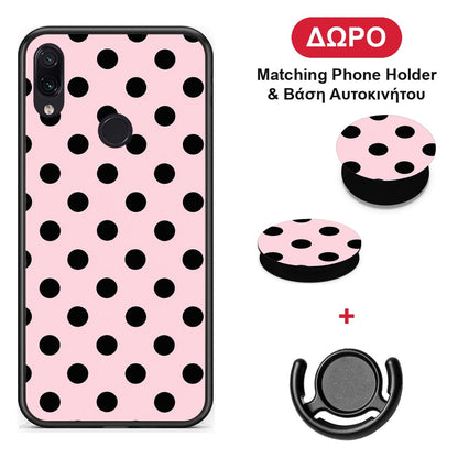 Black Polka Dots on Pink - Xiaomi Redmi Note 7 θήκη + Δώρο Phone Holder & Βάση Αυτοκινήτου