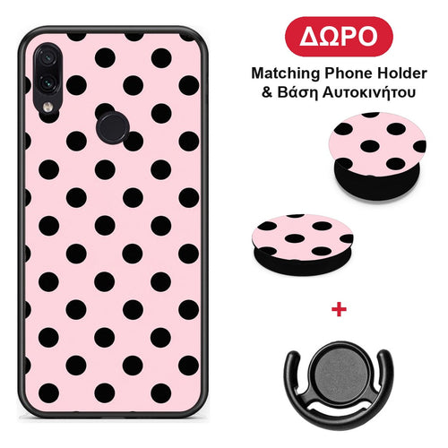 Black Polka Dots on Pink - Xiaomi Redmi Note 7 θήκη + Δώρο Phone Holder & Βάση Αυτοκινήτου