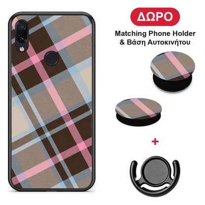 Brown Pink and Blue Diagonal Plaid - Xiaomi Redmi Note 7 θήκη + Δώρο Phone Holder & Βάση Αυτοκινήτου