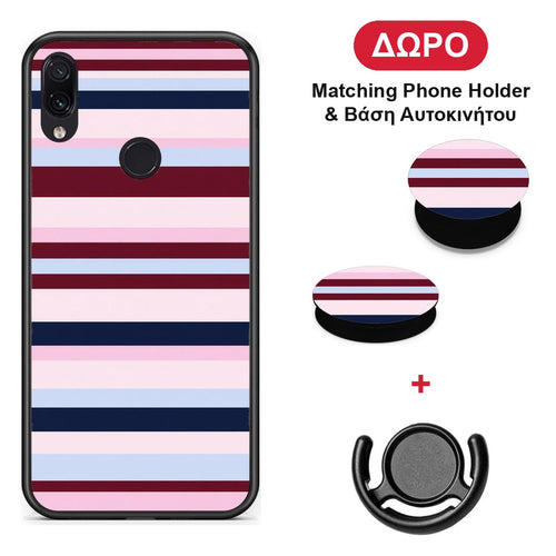 Burgundy Pink and Blue Horizontal Stripes - Xiaomi Redmi Note 7 θήκη + Δώρο Phone Holder & Βάση Αυτοκινήτου