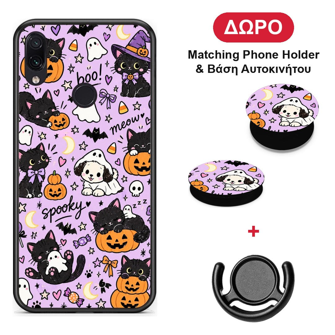 Halloween Black Cats on Lilac - Xiaomi Redmi Note 7 θήκη + Δώρο Phone Holder & Βάση Αυτοκινήτου