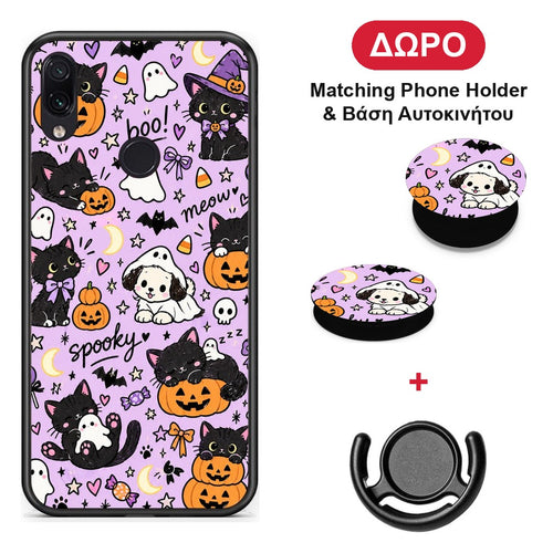 Halloween Black Cats on Lilac - Xiaomi Redmi Note 7 θήκη + Δώρο Phone Holder & Βάση Αυτοκινήτου