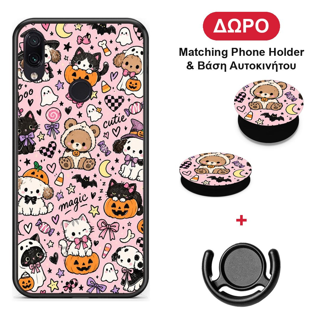Halloween Cute Animals on Pink - Xiaomi Redmi Note 7 θήκη + Δώρο Phone Holder & Βάση Αυτοκινήτου