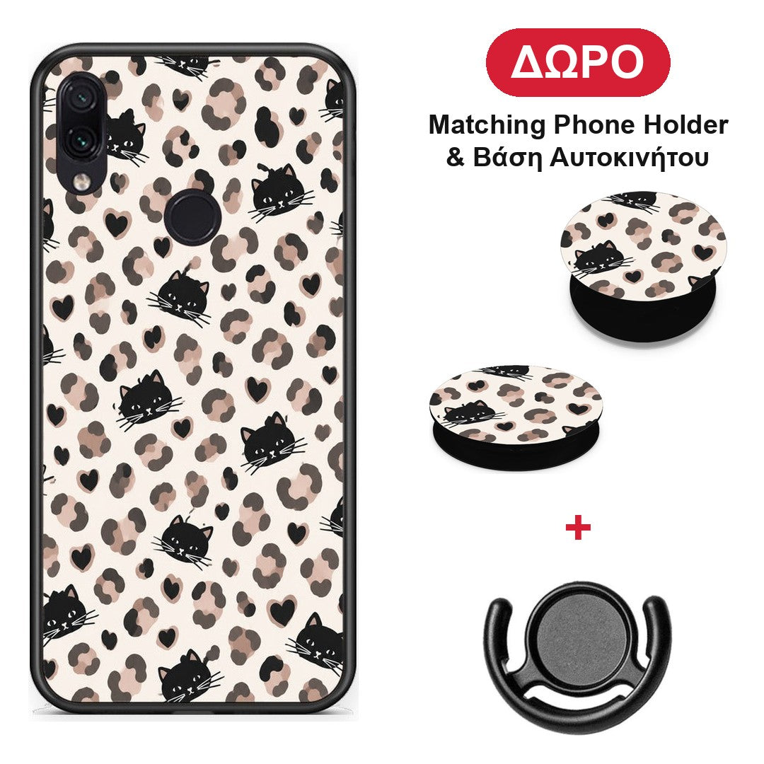 Leopard Spots and Black Cats on Cream - Xiaomi Redmi Note 7 θήκη + Δώρο Phone Holder & Βάση Αυτοκινήτου