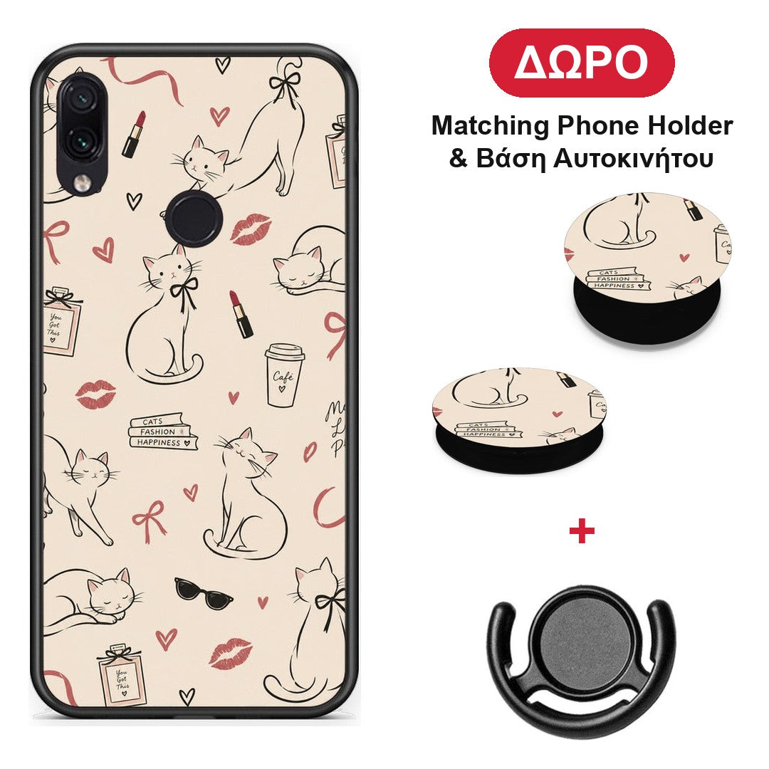Minimal Cat and Fashion Doodles on Cream - Xiaomi Redmi Note 7 θήκη + Δώρο Phone Holder & Βάση Αυτοκινήτου